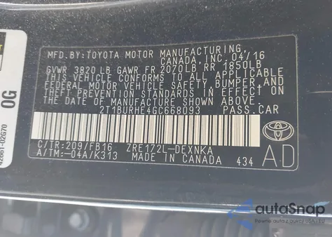 2016 Toyota Corolla Le z USA, uszkodzony, nr VIN 2T1BURHE4GC668093